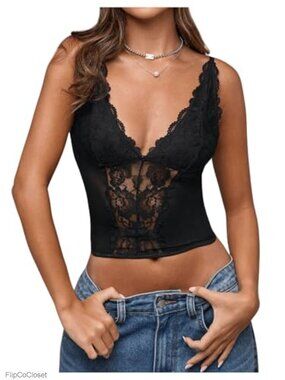 Mesh Lace Bustier Corset Top Deep V Spaghetti Strap Crop Cami